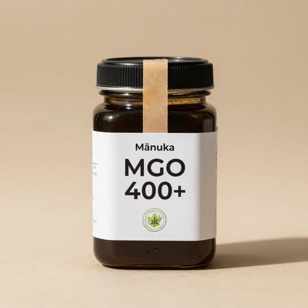 A jar of dark Mnuka honey MGO 400+ with a label