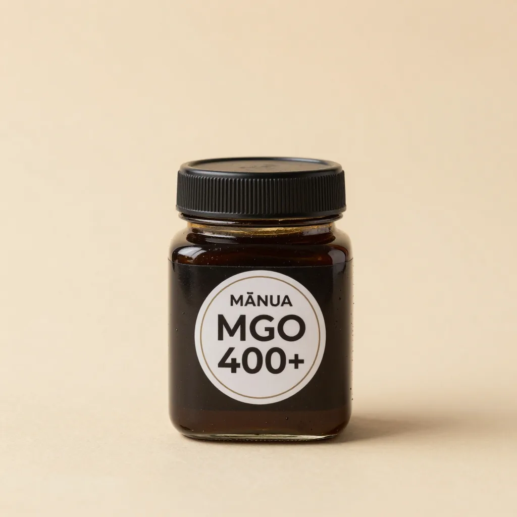 A small jar of dark Mnuka honey MGO 400+