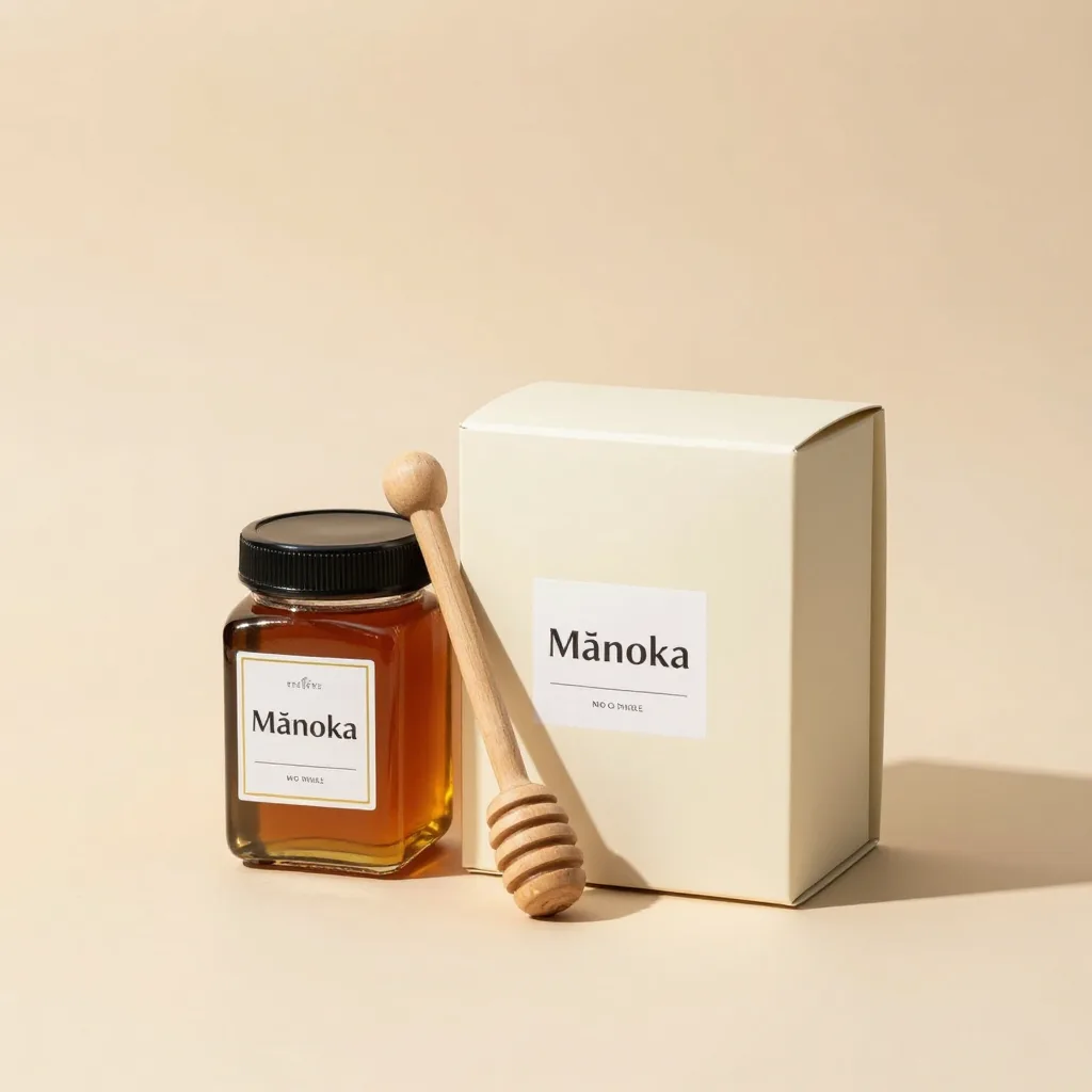 A Mnuka honey gift box with a jar and wooden dipper