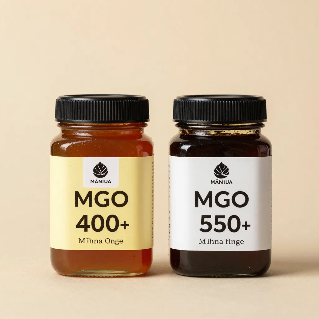 Two jars of Mnuka honey, MGO 400+ and 550+, side by side